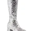Ellie Girls Silver Glitter Go-Go Boots 1 Ellie Girls Silver Glitter Go-Go Boots -FUN COSTUMES Store girls silver glitter gogo boots front