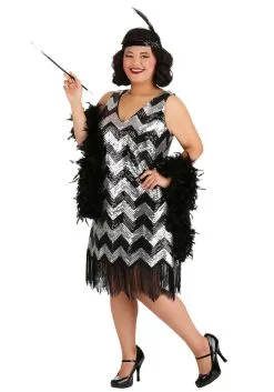 Fun Costumes Plus Size Fringe Silver And Black Flapper Dress